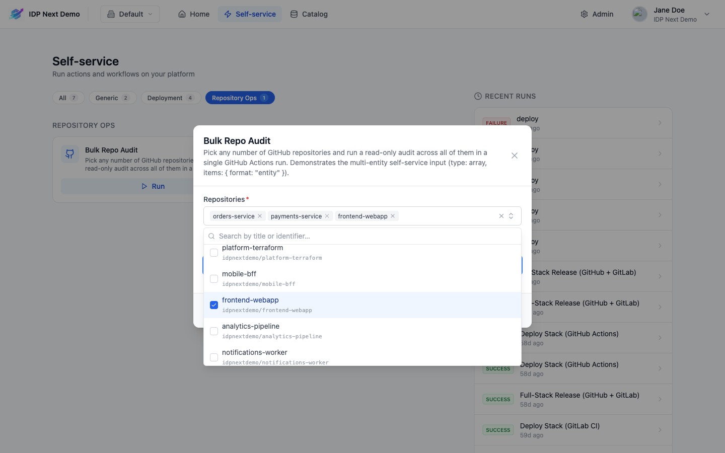 Multi-entity picker with three repositories selected