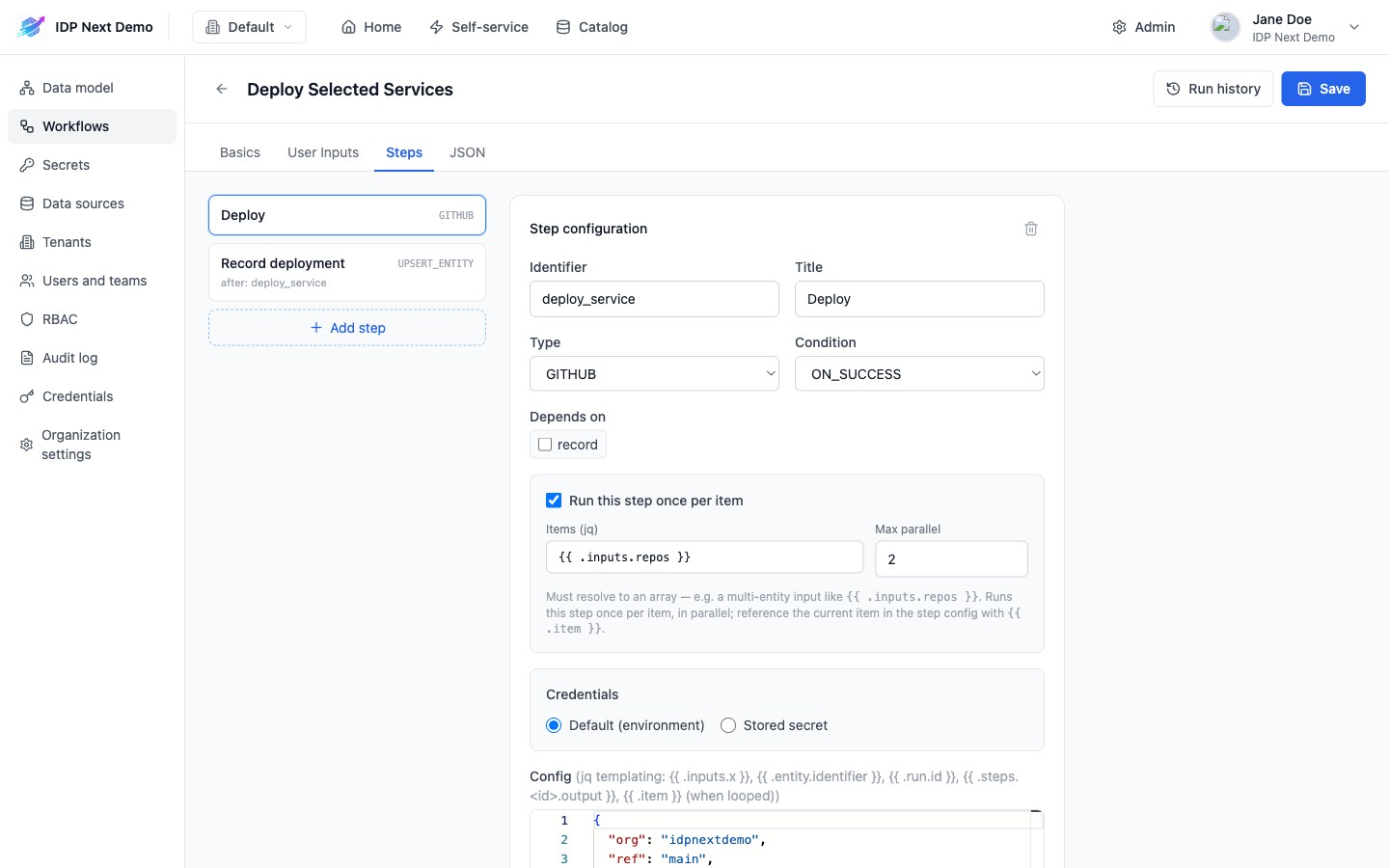 Loop settings on the Deploy step of the Deploy Selected Services demo